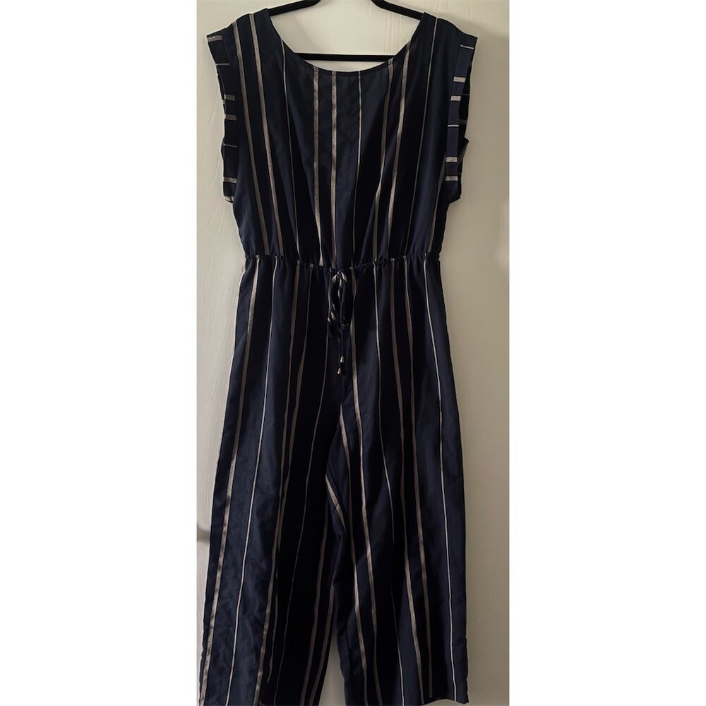 Universal Thread Jumpsuit Womens M Navy Tan Stripe Wide Leg Sleeveless